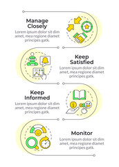 Project members categorization model infographic vertical sequence. Engagement strategy. Visualization infochart with 4 steps. Circles workflow. Montserrat SemiBold, Lato Regular fonts used