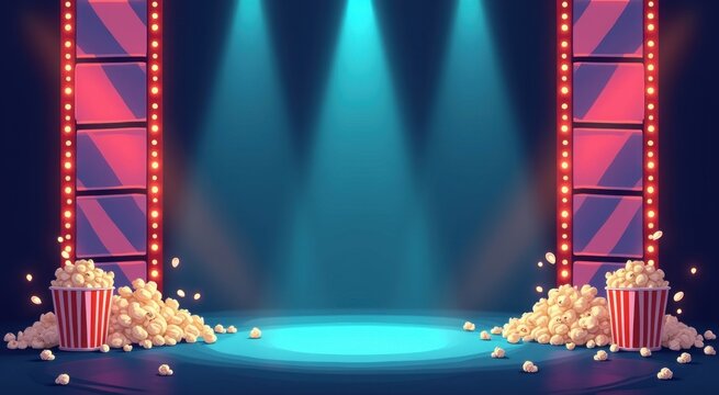 A cartoon of a movie theater stage with popcorn  copy space