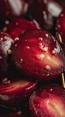 Glossy halves of roasted beets with tiny seeds and steam droplets filling dark blurred background, rich ruby textures highlighted by studio light, concept of artistic vegetarian cuisine