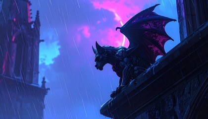 Dark gargoyle atop a gothic building in storm, neon-lit sky