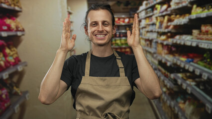 Man raising forearm and open hand in building aisle, wearing apron and gesturing among supermarket...