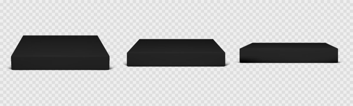 Black podium set with square 3d platform for product display on transparent background. Cube pedestal stand with marble texture and dramatic floor. Vector isolated mockup for premium showcase design