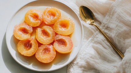 Golden canned peach halves in light syrup arranged on white ceramic plate with brass dessert spoon and soft linen fabric on bright sunlit background, gentle summer breakfast concept