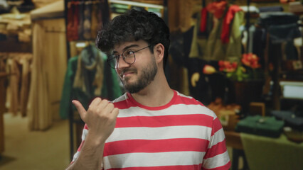 Young man with a beard and glasses wearing a striped shirt gestures with his thumb inside a trendy...