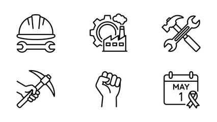 Set of Labor Day line icons. Symbols for worker helmet, factory industry, tools, unity fist, and May 1st calendar. Vector outline illustrations for workers rights and union events.