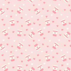 Vector illustration of a seamless pattern of coffee cups with hearts on a pink background.