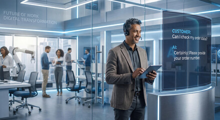 Modern Office Space with AI Interaction and Business Collaboration