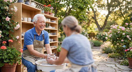 Joyful Senior Pottery Experience in Garden Setting with Artisan