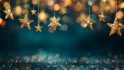 Golden star ornaments hang against a bokeh background creating a festive atmosphere.