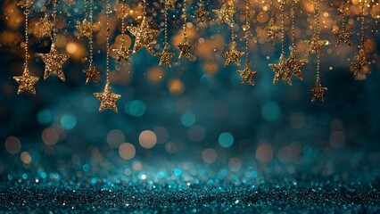 Golden star ornaments hang above a sparkling blue bokeh surface.