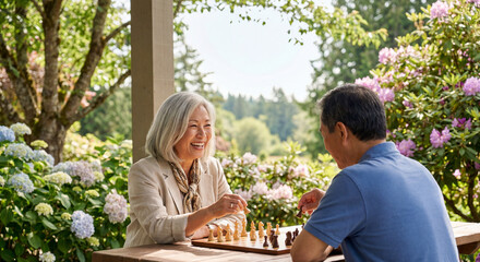 Joyful seniors playing chess in a beautiful garden setting
