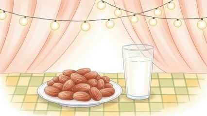 Delicious almonds on a plate with a glass of milk on a cozy table
