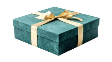Green gift box with gold ribbon isolated on white background