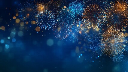 Bright fireworks explode in the night sky, creating a dazzling display of light and color.