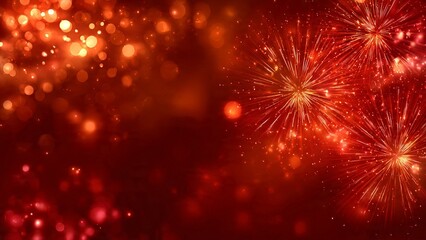Bright red fireworks explode against a dark, bokeh filled background celebrating a festive occasion.