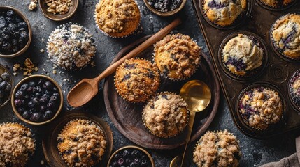 Fresh rustic blueberry muffins with crumb topping in wooden bowls and metal baking tray on dark stone table with scattered berries and spoons, cozy homemade breakfast concept