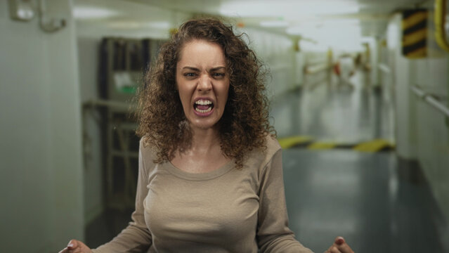 Woman shouting with clenched fists and open mouth in an industrial hallway building; anger catharsis.