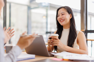 Fototapeta premium Teamwork business women in office workplace. Collaboration, technology and workers, men or employees with touchscreen planning sales, research or financial strategy in company 