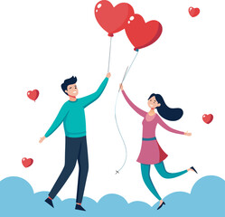 A couple holding strings of heart-shaped balloons drifting into the sky, symbolizing first love dreams.