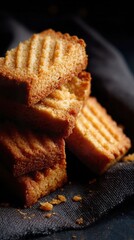 Crunchy butter shortbread cookies stacked in crumbly pile on dark linen napkin against moody studio background, cozy homemade comfort dessert concept