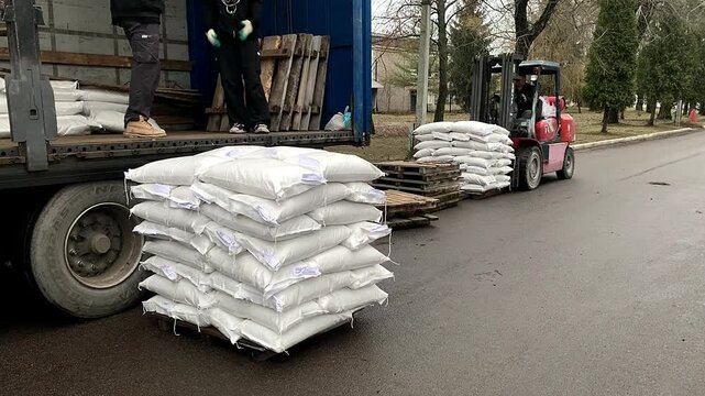 Forklift operator transporting a pallet stacked with large white sacks from a cargo truck.
