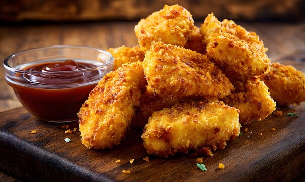 Delicious golden crispy fried nuggets served with rich dipping sauce on a rustic wooden board, showcasing excellent texture and warm lighting.