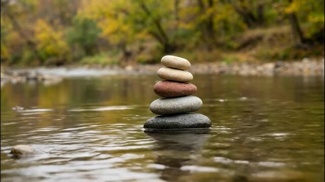 A stack of balanced stones sits in a calm body of water. The background is blurred, showing a fall foliage scene.
