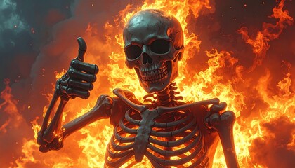 Fiery Skeleton Giving Thumbs Up Amidst Flames - A Dramatic Inferno Scene.