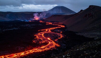 Fiery River of Lava Flowing Through Barren Volcanic Landscape at Night.