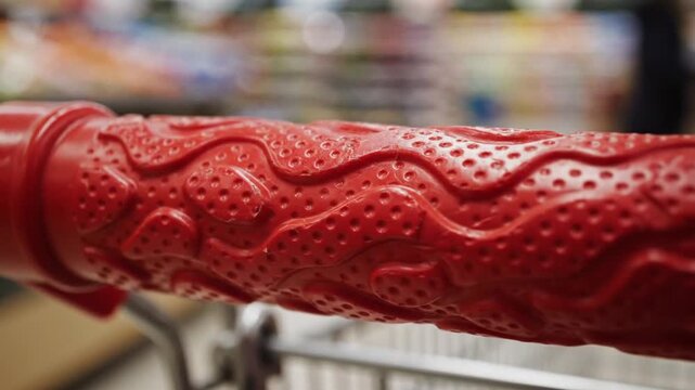 Close Up of a Red Shopping Cart Handle with a Textured Strawberry Pattern in a Supermarket Aisle with Soft Bokeh Background