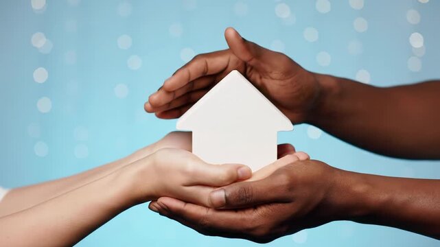 Diverse clean hands gently cradle a white minimalist wooden house against blurred bokeh, bathed in soft high-key light with subtle push-in movement. Concept of security and growth