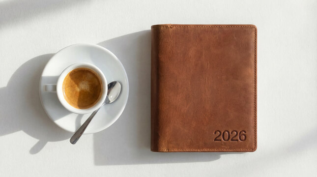 Agenda vintage de piel hecha a mano junto a un caf&eacute; espresso, para tomar notas del d&iacute;a a d&iacute;a como agenda, diario, cuaderno de viajes, con iluminaci&oacute;n natural sobre un fondo blanco junto