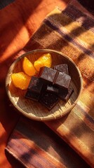 Dark chocolate squares with juicy orange slices in bamboo plate on patterned ethnic fabric under warm afternoon sunlight, concept of cozy slow dessert ritual