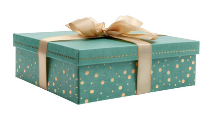 Green gift box with gold ribbon isolated on white background