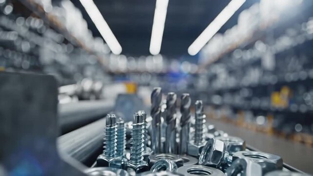 Close Up Of Metal Fasteners Nuts Bolts And Drill Bits On A Shelf In A Warehouse With Rows Of Storage And Bright Overhead Lights