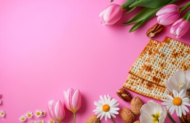 Beautiful pink background complements matzah and floral accents.