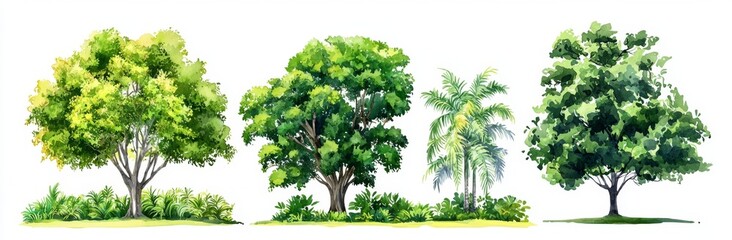 Hand-drawn watercolor illustration of a tropical tree in minimalist style. 