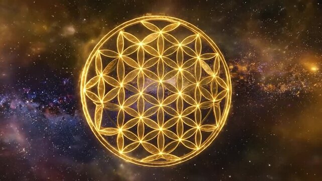 Glowing geometric pattern with circular symmetry against a cosmic background, creating a mystical and spiritual atmosphere.