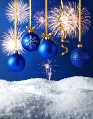 A festive scene with blue Christmas ornaments hanging from ribbons against a vibrant fireworks display on a dark blue background with snow at the bottom