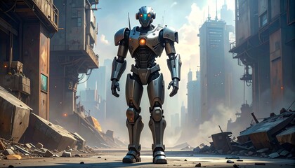 Naklejka premium Futuristic Robot Guardian Standing in a Post-Apocalyptic City Amidst Debris and Destruction.