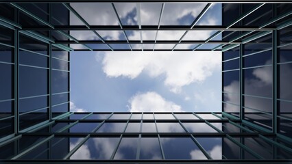 Modern architectural design featuring glass facade with reflective surfaces and turquoise accents, creating dynamic and futuristic urban environment, 3d rendering © nuchao