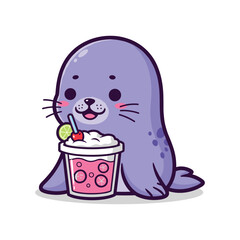 Adorable Seal Enjoying a Refreshing Drink Illustration