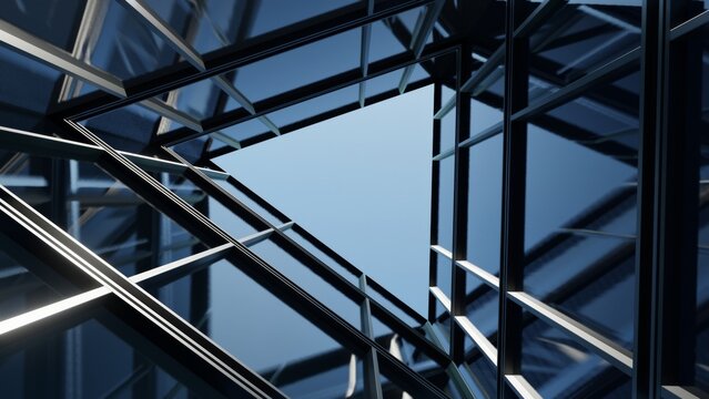 Modern architectural design featuring glass facade with reflective surfaces and turquoise accents, creating dynamic and futuristic urban environment, 3d rendering