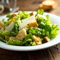 Fresh and Delicious Caesar Salad with Croutons and Parmesan Cheese on a White Plate.