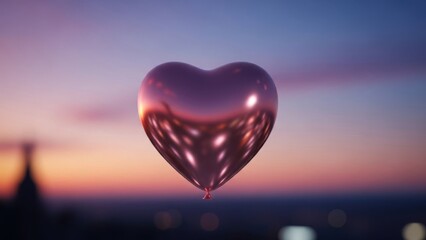 Shiny pink heart balloon floating against vibrant sunset sky