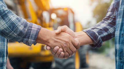 Fototapeta premium Two construction workers shake hands in front of heavy equipment, symbolizing collaboration and agreement on a sunny day outdoors precisely.