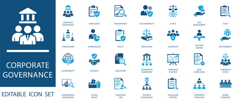 Corporate Governance Icon Set. Blue vector icons for compliance, transparency, accountability, leadership, corporate strategy, and stakeholder management.