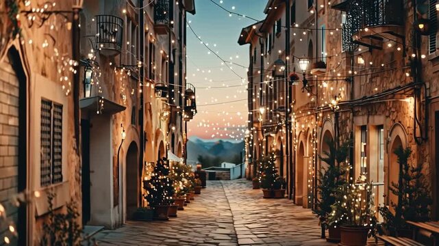 Narrow old town street evening with string lights stone buildings cozy atmosphere potted plants mountain view warm glowing festive holiday charm