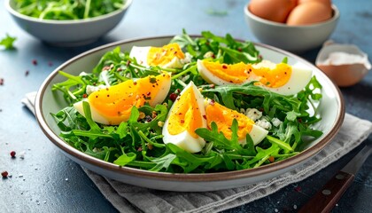 Fresh and Healthy Salad with Boiled Eggs and Green Vegetables, Delicious Meal.