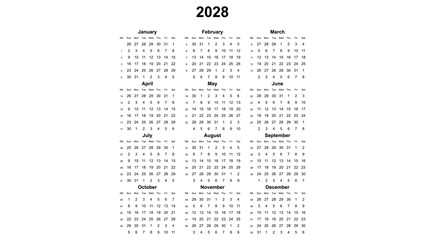 2028 year english vector calendar with week numbers
